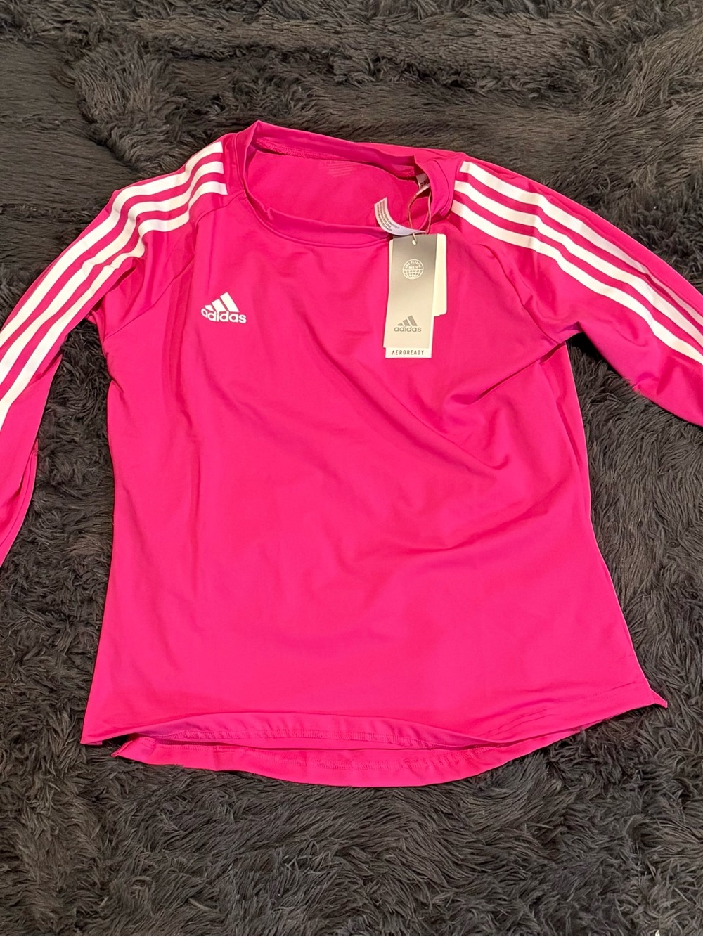 adidas Bright Pink Long-Sleeve Athletic Top with White Stripes